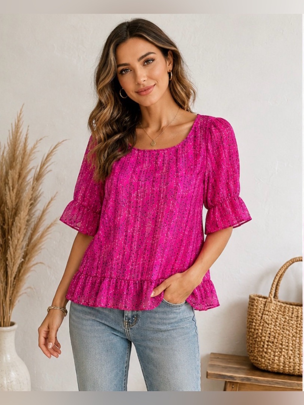 Anthropologie W5 Pink Sheer Ruffle Blouse Medium Short Sleeve Striped Textured
